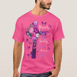 Gezegend door God gered door Jezus Paarse bloemenk T-shirt