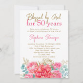 Gezegend door God Roze Bloemen Christelijk 50ste V Kaart (Voorkant)