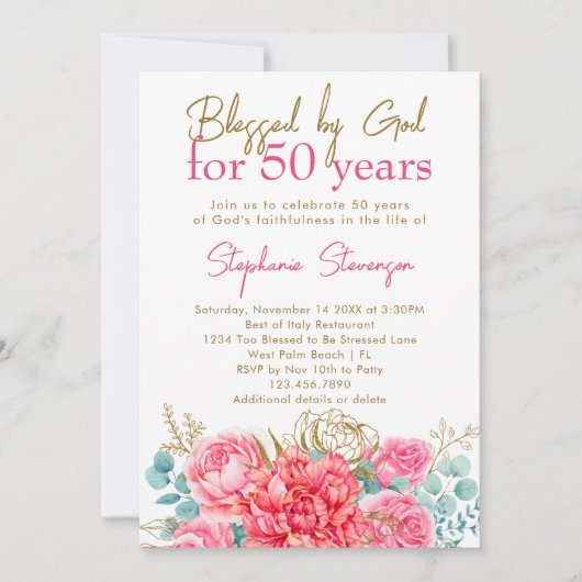 Gezegend door God Roze Bloemen Christelijk 50ste V Kaart (Voorkant)