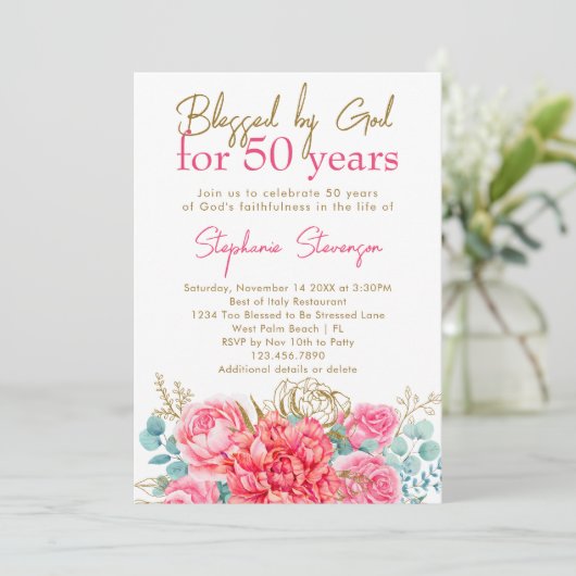 Gezegend door God Roze Bloemen Christelijk 50ste V Kaart (Staand voorkant)