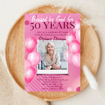 Gezegend door God Roze Foto Christelijk 50ste Verj Kaart<br><div class="desc">Een levendig en onvergetelijk 50e verjaardagsfeest met onze "Blessed By God for Fifty Years" Pink Balloons en gepersonaliseerde foto Christelijke Religious 50th Birthday Invitation. Dit opvallende ontwerp heeft een geometrische roze achtergrond met roze ballonnen en een gepersonaliseerde foto, die perfect plezier en sophisticatie combineert. De uitdrukking "Blessed By God For...</div>