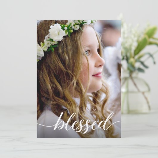 Gezegend Eerste Heilige Communie Foto Dank u Bedankkaart (Staand voorkant)