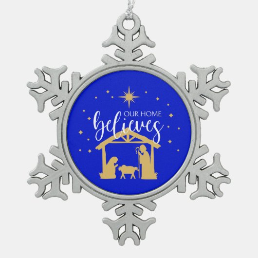 Gezegend Eerste Huis Kerstmis Geboorte Scène Tin Sneeuwvlok Ornament (Voorkant)