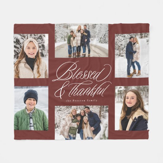 Gezegend en dankbaar 6 foto collage kastanjebruin fleece deken (Voorkant (Horizontaal))
