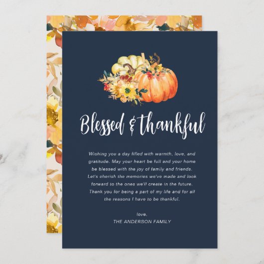 Gezegend en Dankbaar marineblauw Thanksgiving Feestdagenkaart (Voorkant / Achterkant)