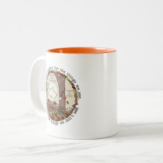 Gezegend en gelukkig tweekleurige koffiemok (Voorkant links)