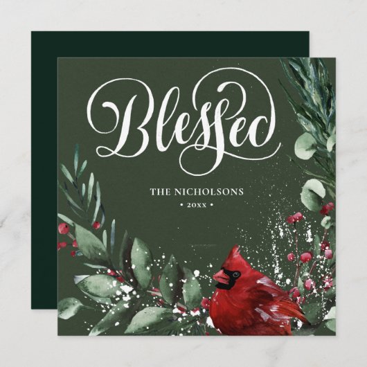 Gezegend Festive Green Script Red Berry Pine Bough Feestdagenkaart (Voorkant / Achterkant)