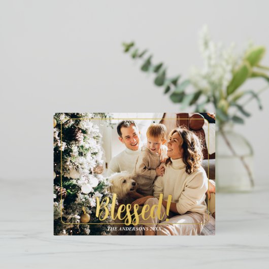 Gezegend, fotonaam Goud Folie Vakantie Postkaart # Folie Feestdagen Briefkaart (Staand Voorkant)