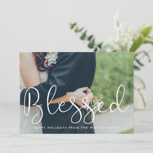 Gezegend grillig script Kerstfoto Feestdagenkaart (Staand voorkant)
