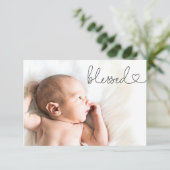 Gezegend Hart Script Minimale Foto baby Doop Bedankkaart (Staand voorkant)