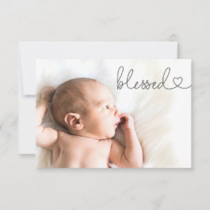 Gezegend Hart Script Minimale Foto baby Doop Bedankkaart