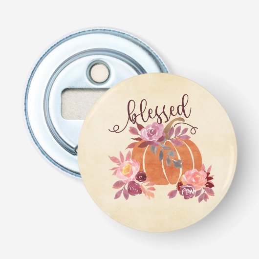 Gezegend - Herfst Pompoen met roze bloemen Button Flesopener (Voorkant)