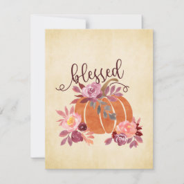 Gezegend - Herfst Pompoen met roze bloemen Feestdagenkaart