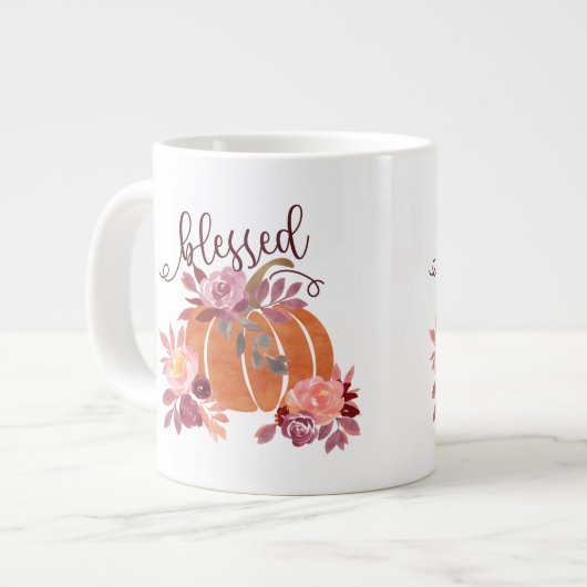 Gezegend - Herfst Pompoen met roze bloemen Grote Koffiekop (Links)
