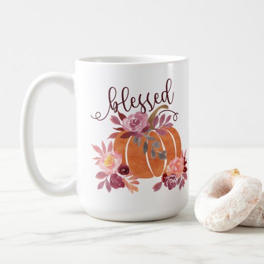 Gezegend - Herfst Pompoen met roze bloemen Koffiemok (Met donut)