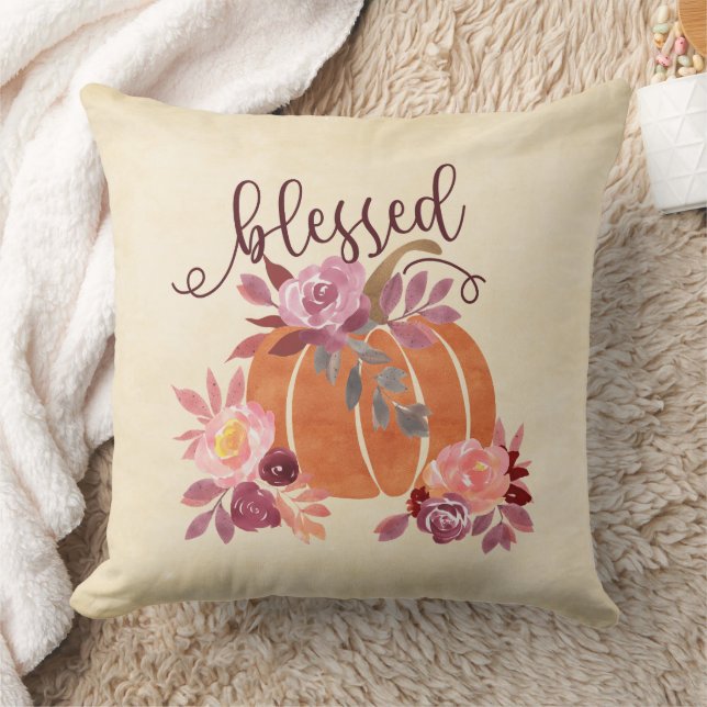 Gezegend - Herfst Pompoen met roze bloemen Kussen (Deken)