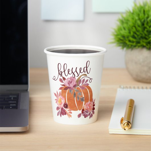 Gezegend - Herfst Pompoen met roze bloemen Papieren Bekers (Insitu)