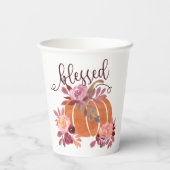 Gezegend - Herfst Pompoen met roze bloemen Papieren Bekers (Achterkant)