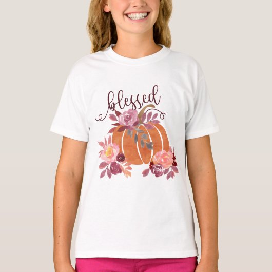 Gezegend - Herfst Pompoen met roze bloemen T-shirt (Voorkant)