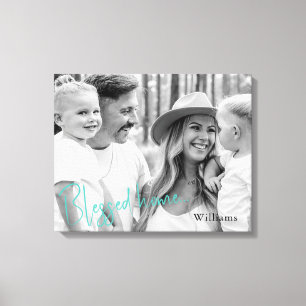 Gezegend Huis Familienaam B/W Portret Groot Canvas Afdruk