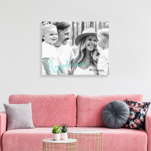 Gezegend Huis Familienaam B/W Portret Groot Canvas Afdruk (Insitu (Woonkamer))