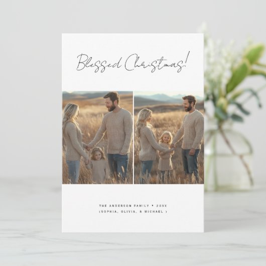 Gezegend Kerstfeest Christelijke Familie Foto Grij Feestdagenkaart (Staand voorkant)