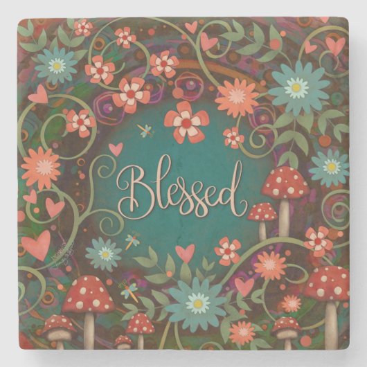 Gezegend  Kleurrijke Paddestoel Bloemen Stenen Onderzetter (Voorkant)