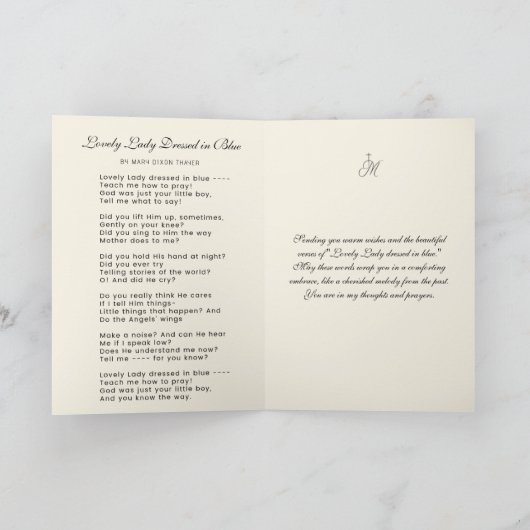 Gezegend Maria "Mooie Dame gekleed in blauw" Gedic Kaart (Binnen)