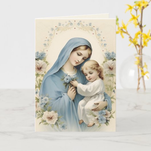 Gezegend Maria "Mooie Dame gekleed in blauw" Gedic Kaart (Gele Bloem)