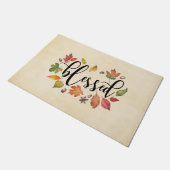 Gezegend met zwarte kalligrafie en herfstbladeren deurmat (Schuin)