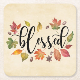 Gezegend met zwarte kalligrafie en herfstbladeren kartonnen onderzetters