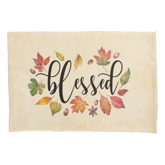 Gezegend met zwarte kalligrafie en herfstbladeren kussensloop (Voorkant)
