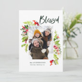 Gezegend modern rood groen gebladerte foto Kerstmi Feestdagenkaart (Staand voorkant)