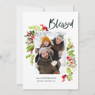 Gezegend modern rood groen gebladerte foto Kerstmi Feestdagenkaart