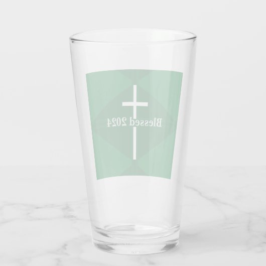 Gezegend Nieuwjaar Groen en Wit Kruis Christelijk Glas (Achterkant)