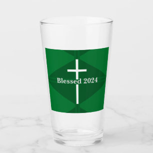 Gezegend Nieuwjaar Groen en Wit Kruis Christelijk Glas