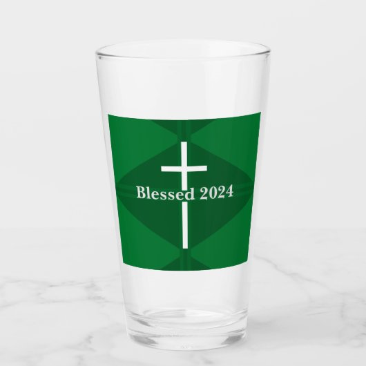 Gezegend Nieuwjaar Groen en Wit Kruis Christelijk Glas (Voorkant)