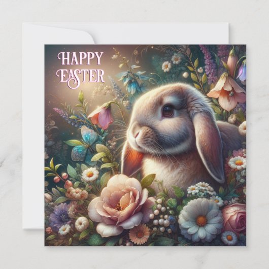 Gezegend Pasen Bloemen Lop Eared Bunny Feestdagenkaart (Voorkant)