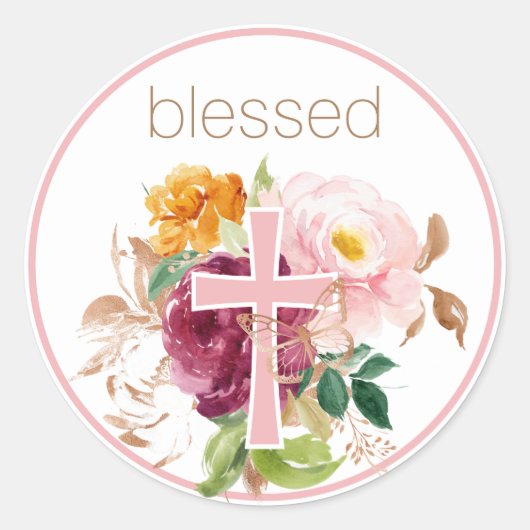 Gezegend Roze Waterverf Bloemen Ronde Sticker (Voorkant)