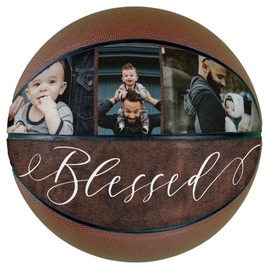 Gezegend Script Lederen Vaderdag Fotocollage Basketbal (Voorkant)