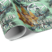 Gezegend Yule Zilveren Pentakel Holly en Pine Cadeaupapier (Rol Hoek)