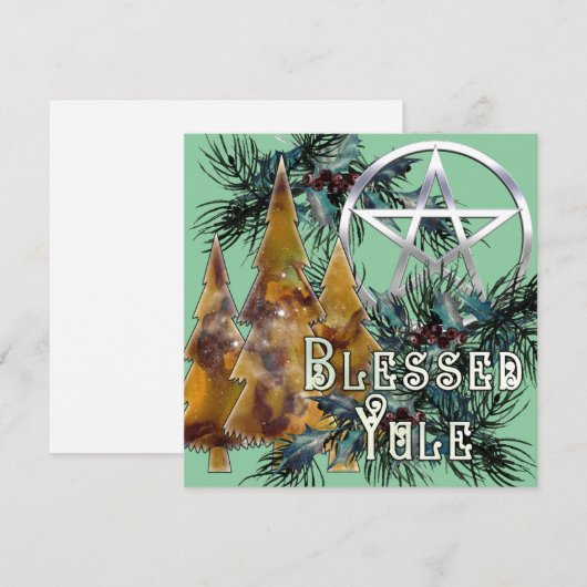 Gezegend Yule Zilveren Pentakel Holly en Pine Feestdagenkaart (Voorkant / Achterkant)
