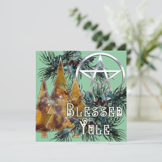 Gezegend Yule Zilveren Pentakel Holly en Pine Feestdagenkaart (Staand voorkant)