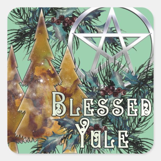Gezegend Yule Zilveren Pentakel Holly en Pine Vierkante Sticker (Voorkant)