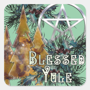 Gezegend Yule Zilveren Pentakel Holly en Pine Vierkante Sticker
