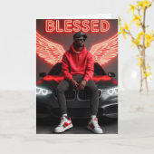 Gezegend zwart Man-Urban Neon Angel Wings Verjaard Kaart (Gele Bloem)