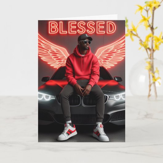 Gezegend zwart Man-Urban Neon Angel Wings Verjaard Kaart (Gele Bloem)