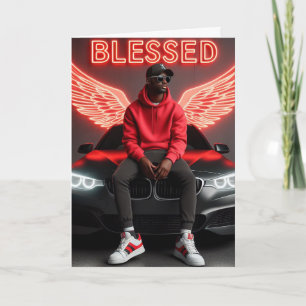 Gezegend zwart Man-Urban Neon Angel Wings Verjaard Kaart