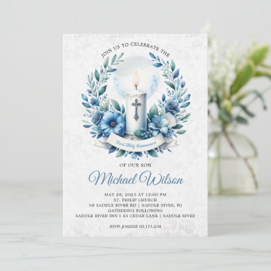 Gezegende Dag Eerste Heilige Communie Bloemen Kaart (Staand voorkant)