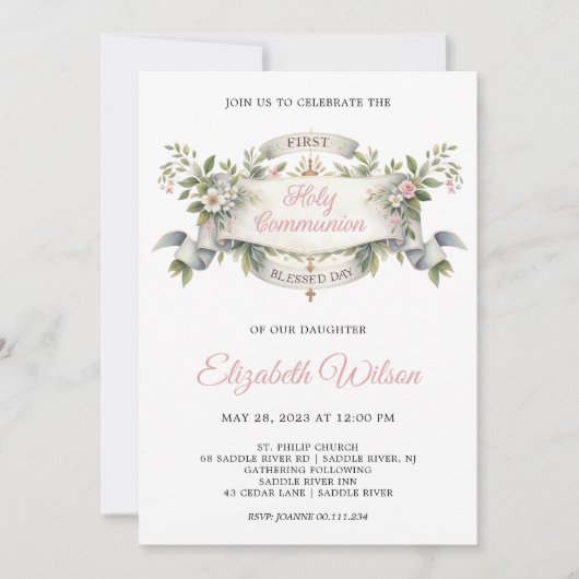 Gezegende Dag Eerste Heilige Communie Bloemen Kaart (Voorkant)